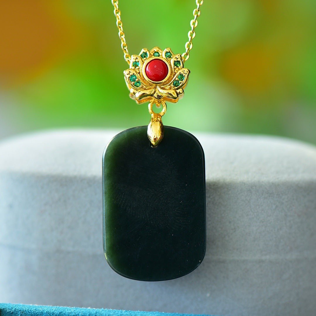 Copper Inlaid Natural Hetian Jade Gray Jade Flat Stylish Pendant Ink Blue Jade Jadeware Pendant Live Supply